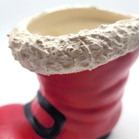 Vintage Santa Claus Red Boot Planter Vase Candy Holder 4" Holly Black Buckle - Picture 7 of 10